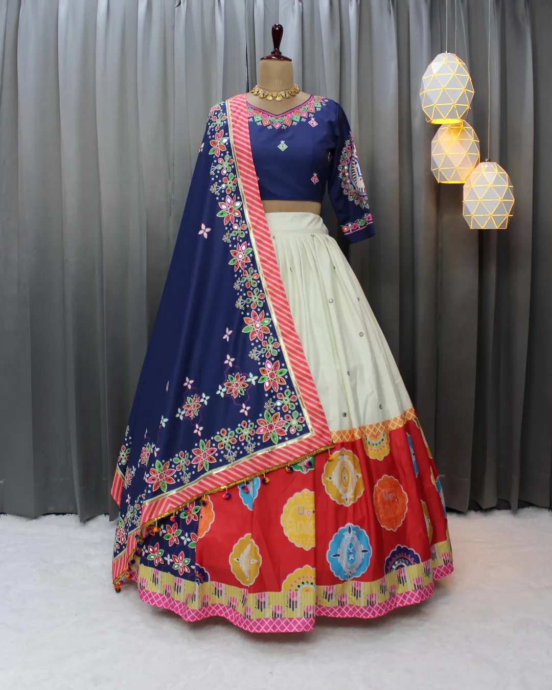 Designer Blue Muslin Cotton Lehenga Choli with Mirror Work