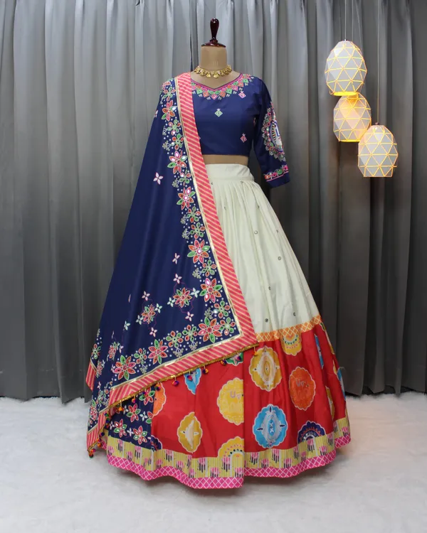 Designer Blue Muslin Cotton Lehenga Choli with Mirror Work