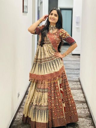 Beige Ethnic Printed Lehenga Set for Navratri and  Garba