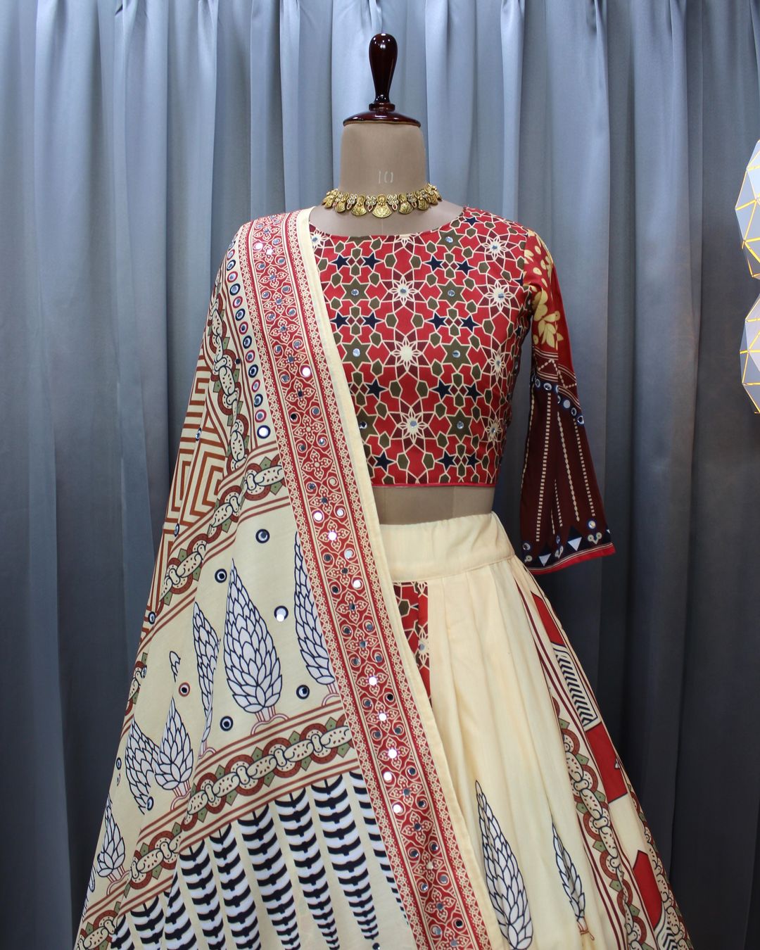 Beige Ethnic Printed Lehenga Set for Navratri and  Garba