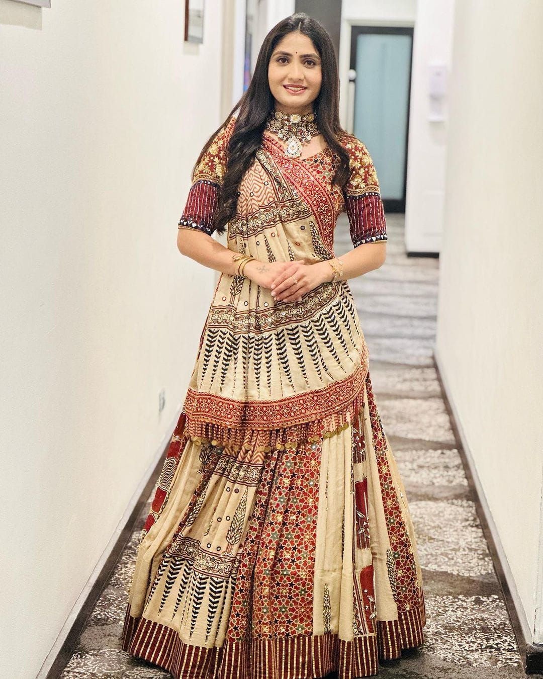 Beige Ethnic Printed Lehenga Set for Navratri and  Garba