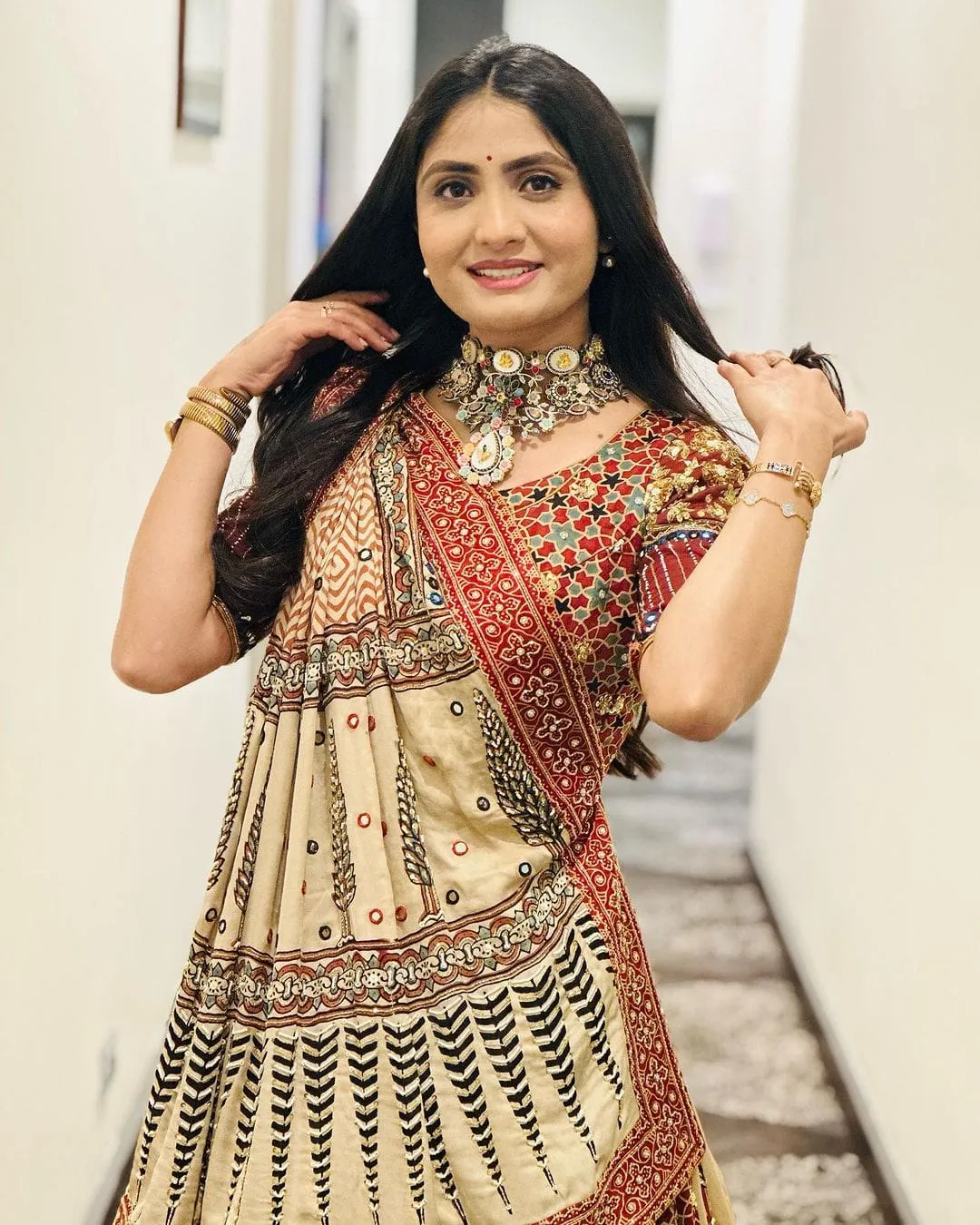Beige Ethnic Printed Lehenga Set for Navratri and  Garba