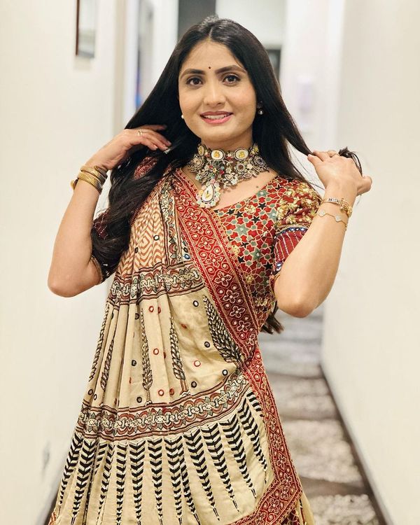 Beige Ethnic Printed Lehenga Set for Navratri and  Garba
