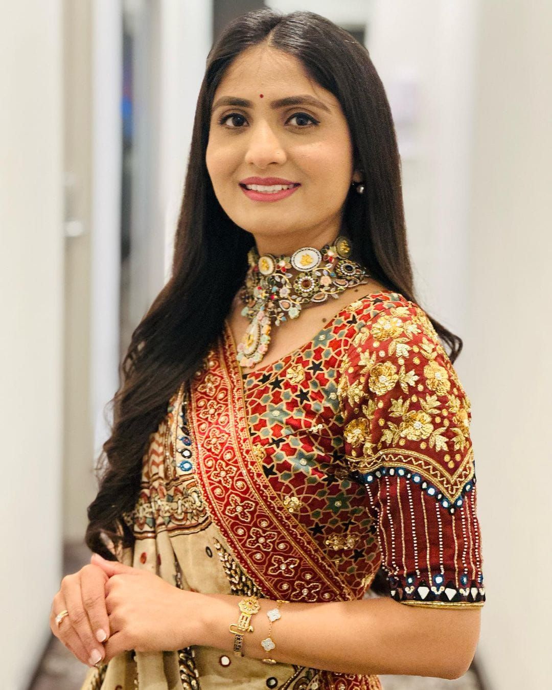 Beige Ethnic Printed Lehenga Set for Navratri and  Garba