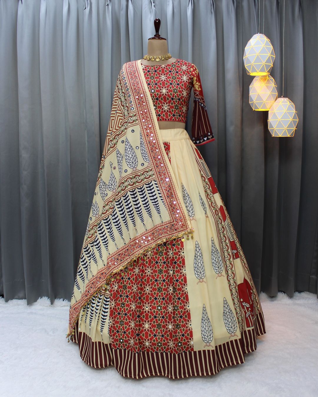 Beige Ethnic Printed Lehenga Set for Navratri and  Garba