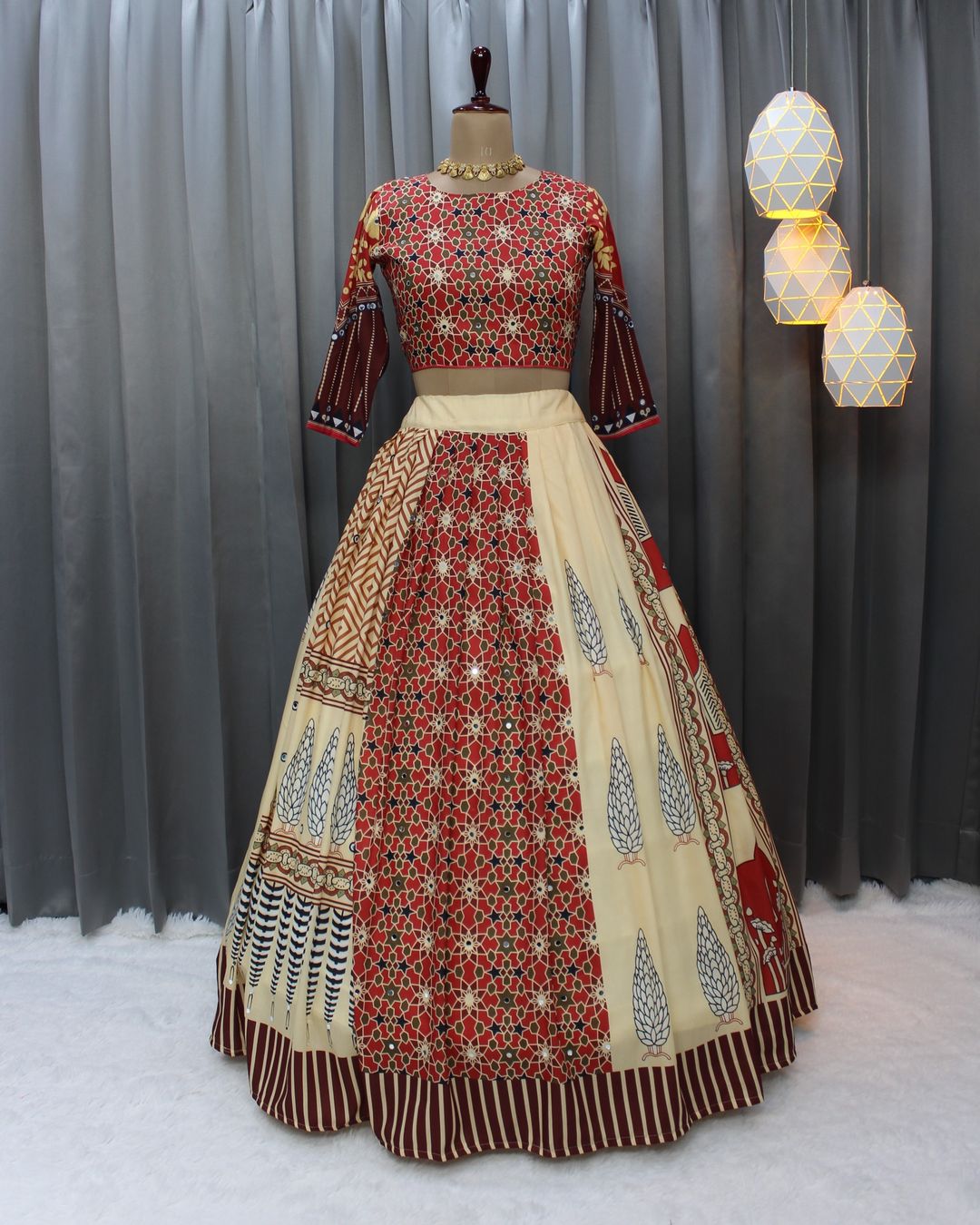 Beige Ethnic Printed Lehenga Set for Navratri and  Garba