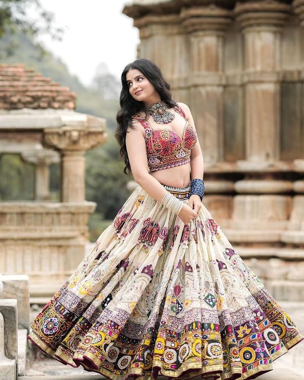 Cream Ethnic Lehenga Choli with Mirror Work Design