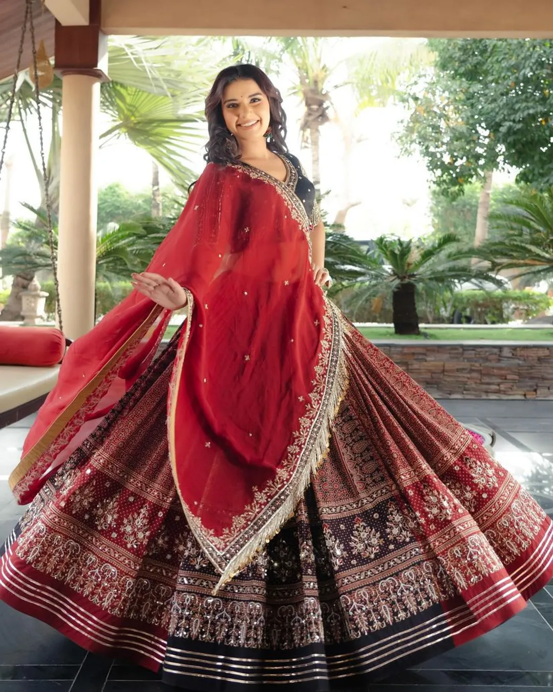 Red Ethnic Lehenga Choli with Digital Print Design