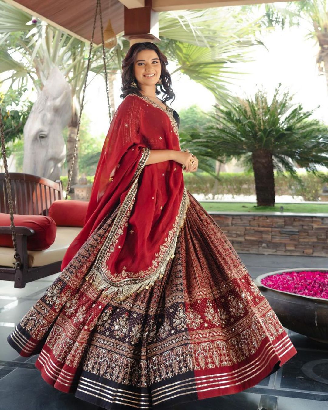 Red Ethnic Lehenga Choli with Digital Print Design