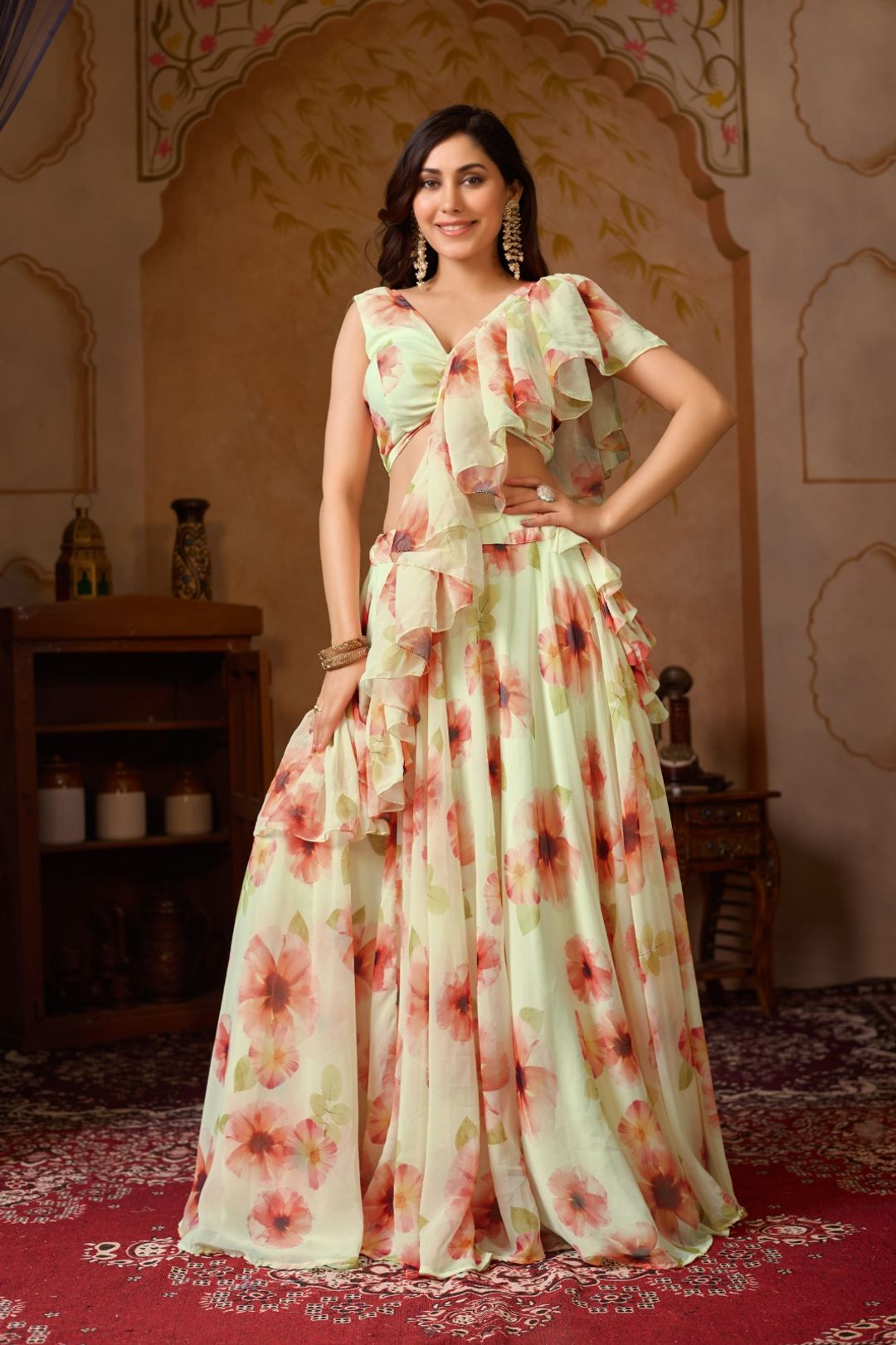 Pastel Floral Georgette Lehenga Set with Ruffle Blouse
