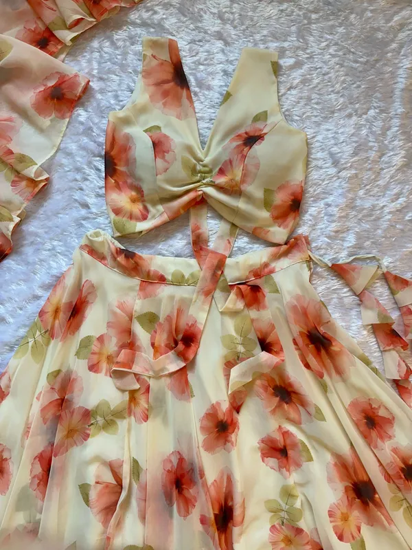 Pastel Floral Georgette Lehenga Set with Ruffle Blouse