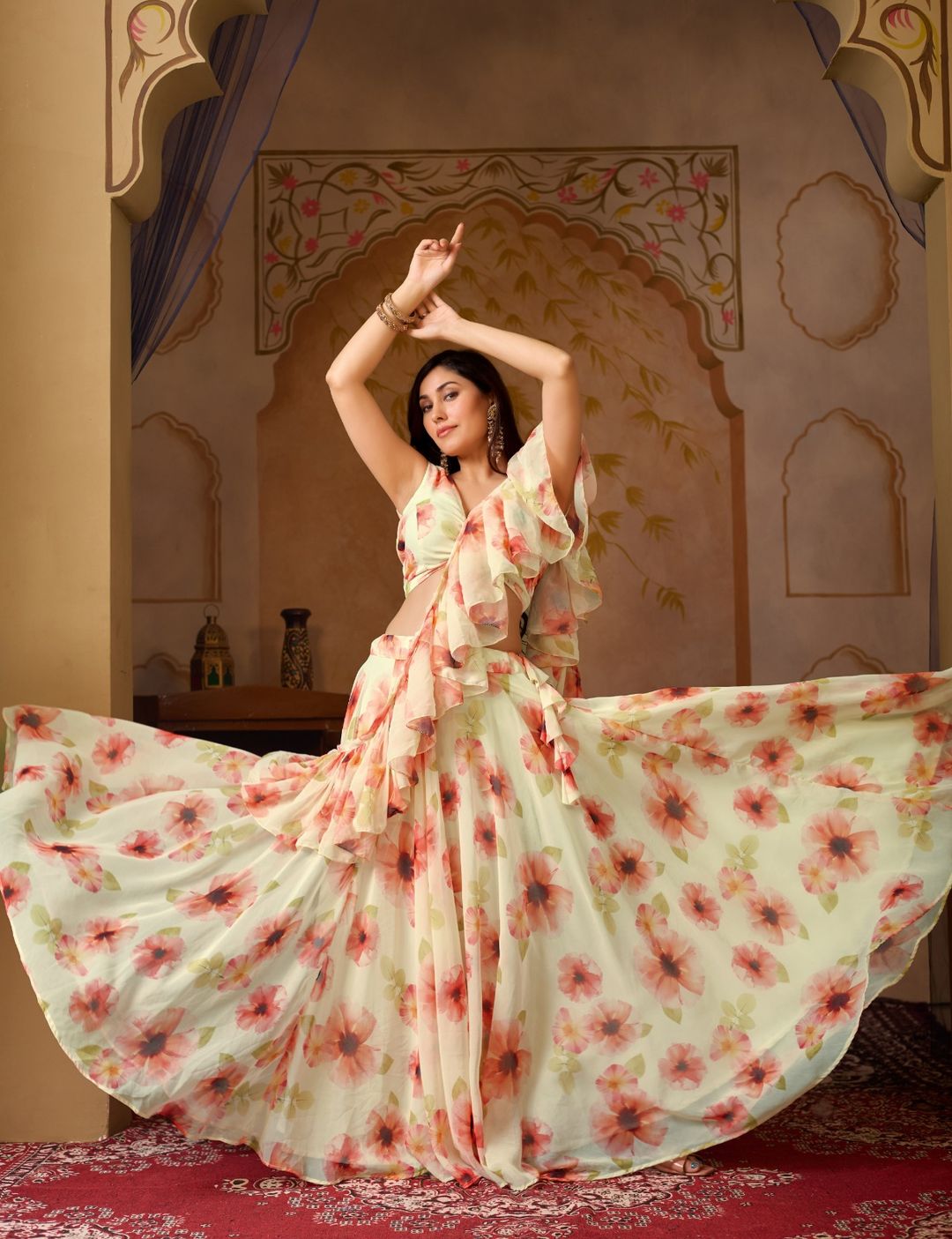 Pastel Floral Georgette Lehenga Set with Ruffle Blouse