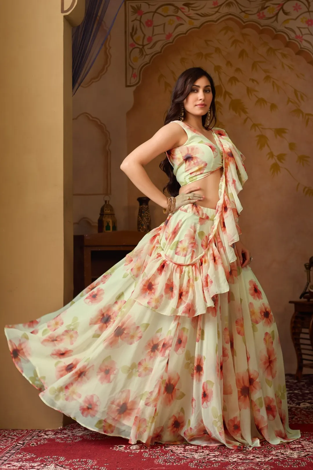 Pastel Floral Georgette Lehenga Set with Ruffle Blouse