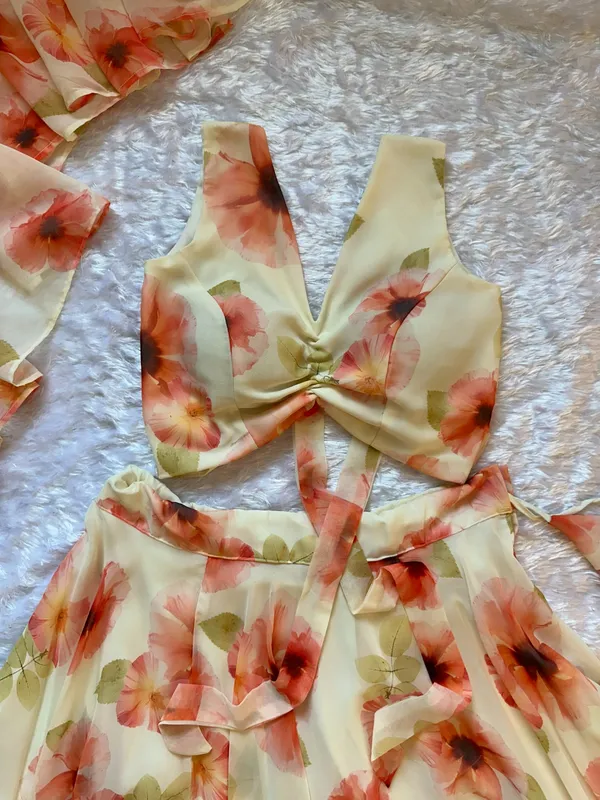 Pastel Floral Georgette Lehenga Set with Ruffle Blouse