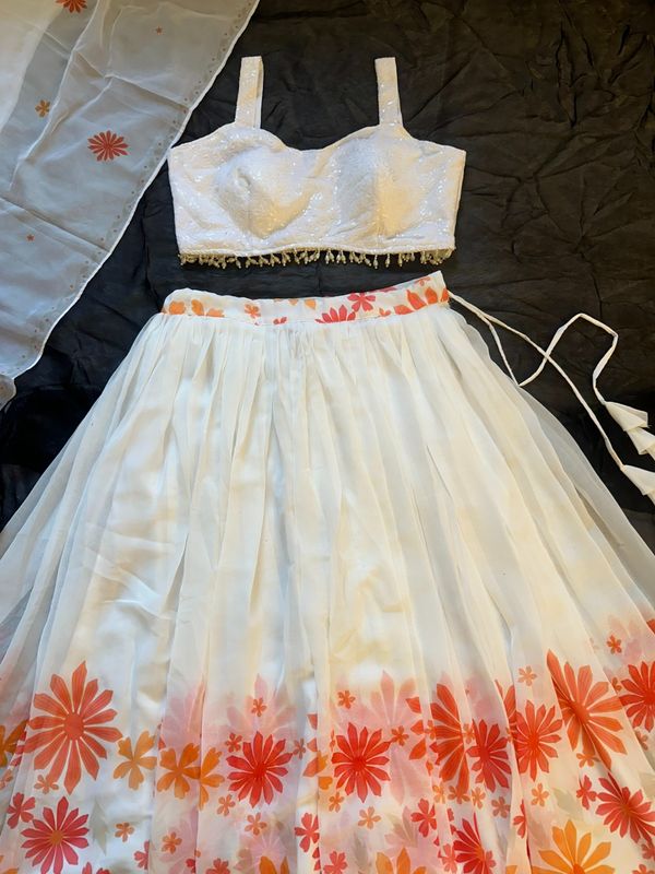 Coral Bloom White Georgette Lehenga Set