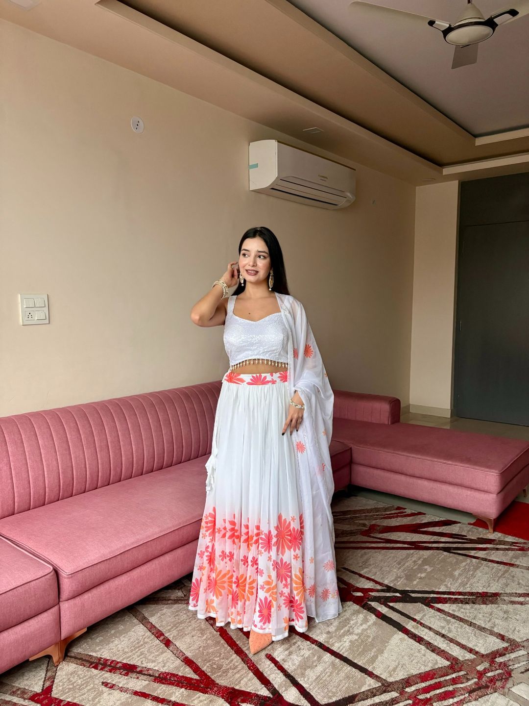Coral Bloom White Georgette Lehenga Set