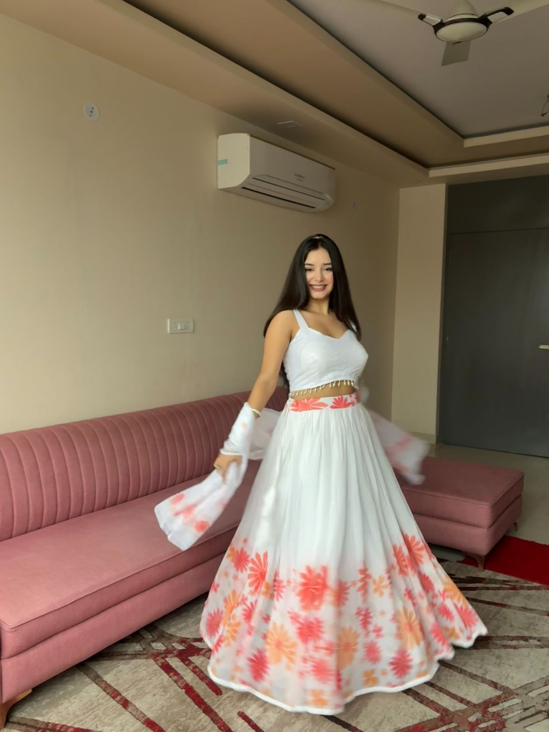 Coral Bloom White Georgette Lehenga Set
