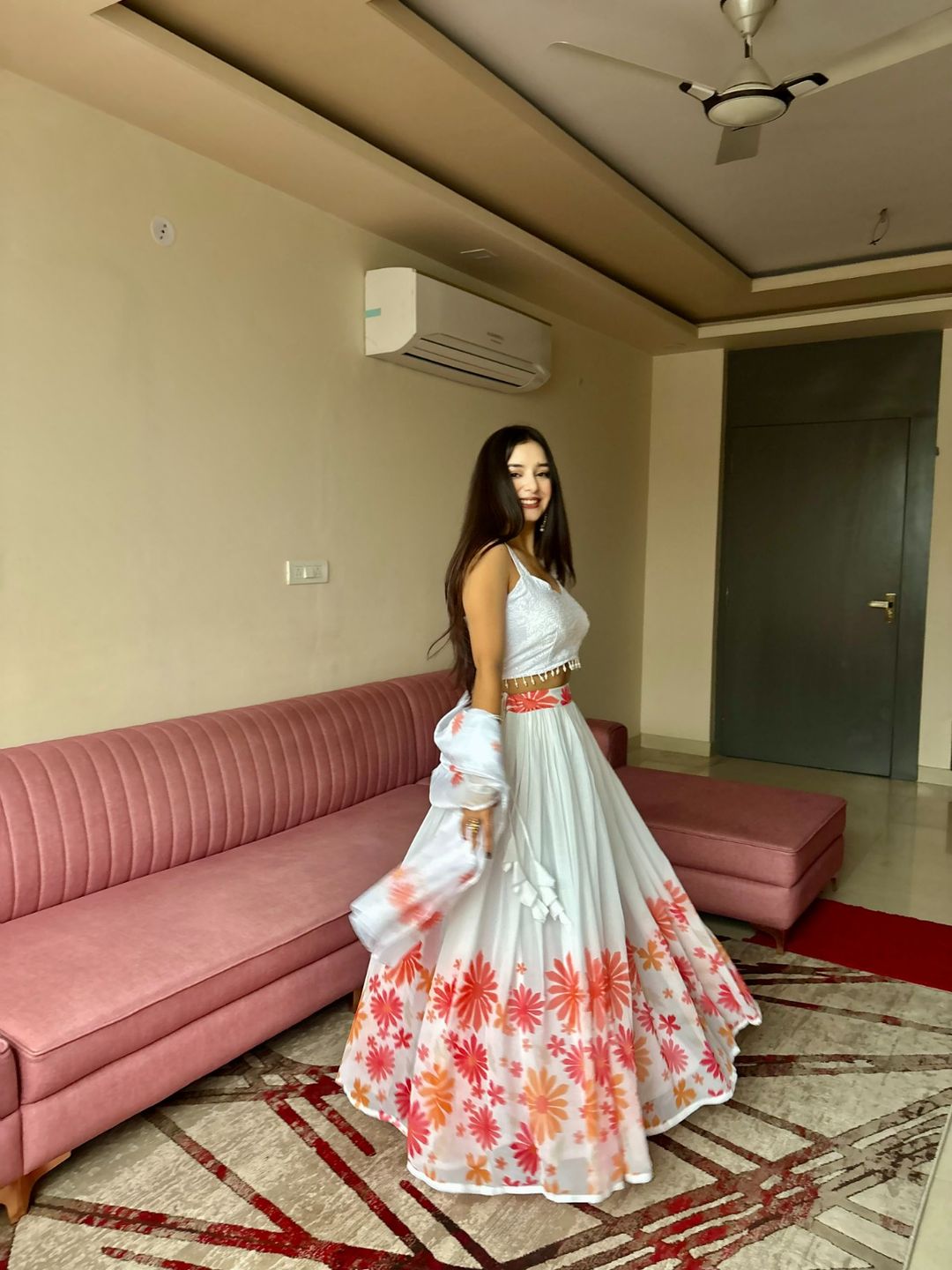 Coral Bloom White Georgette Lehenga Set