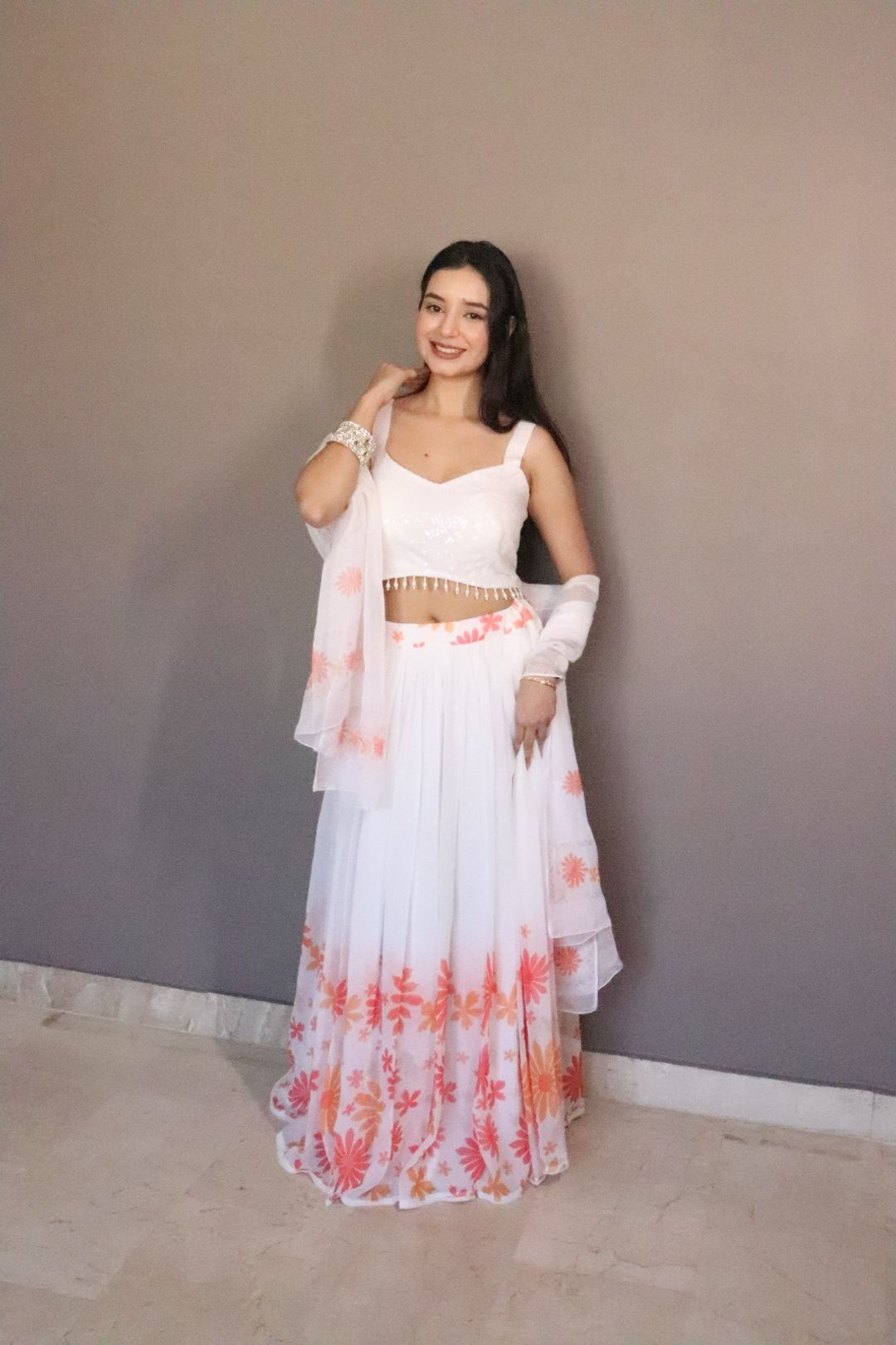 Coral Bloom White Georgette Lehenga Set