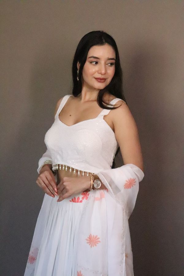 Coral Bloom White Georgette Lehenga Set