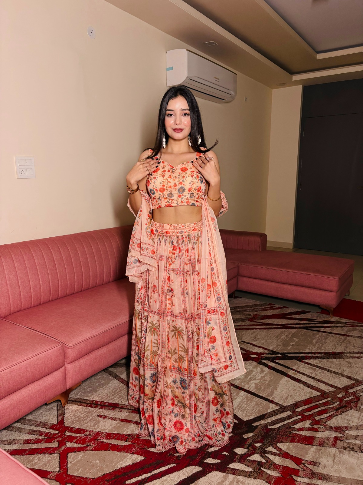 Printed peach organza lehenga for wedding
