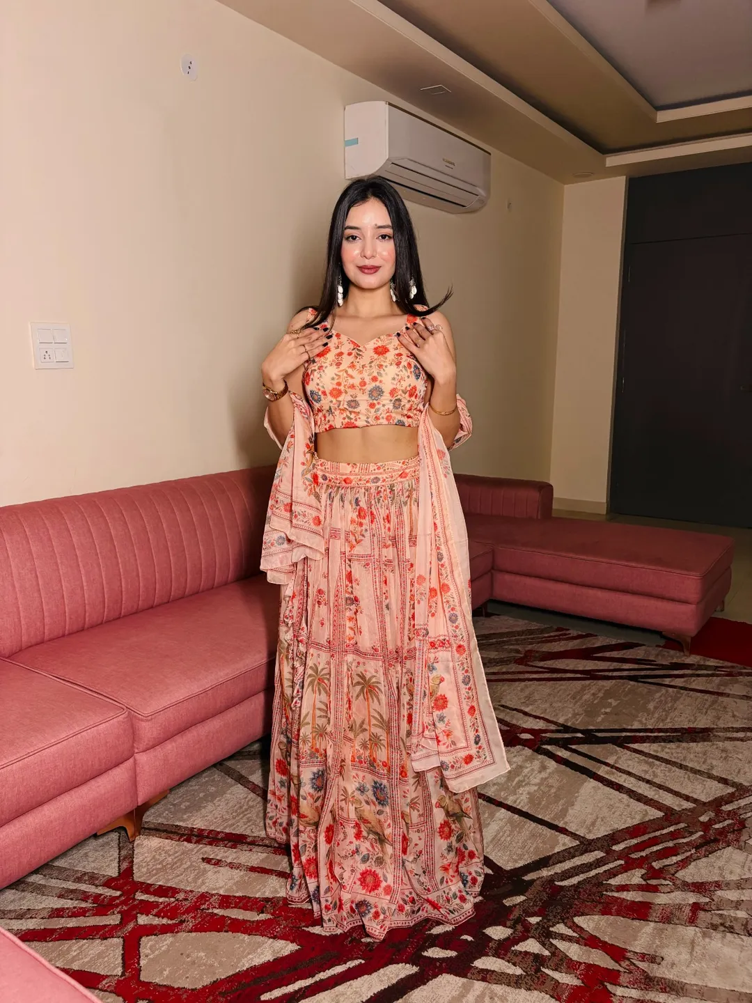 Peach Floral Organza Lehenga Set with Printed Dupatta