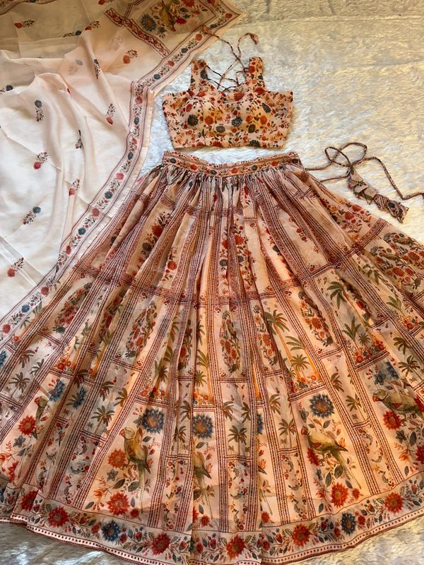 Peach Floral Organza Lehenga Set with Printed Dupatta