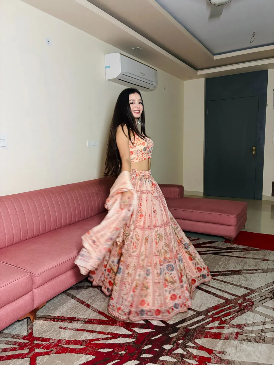 Peach Floral Organza Lehenga Set with Printed Dupatta