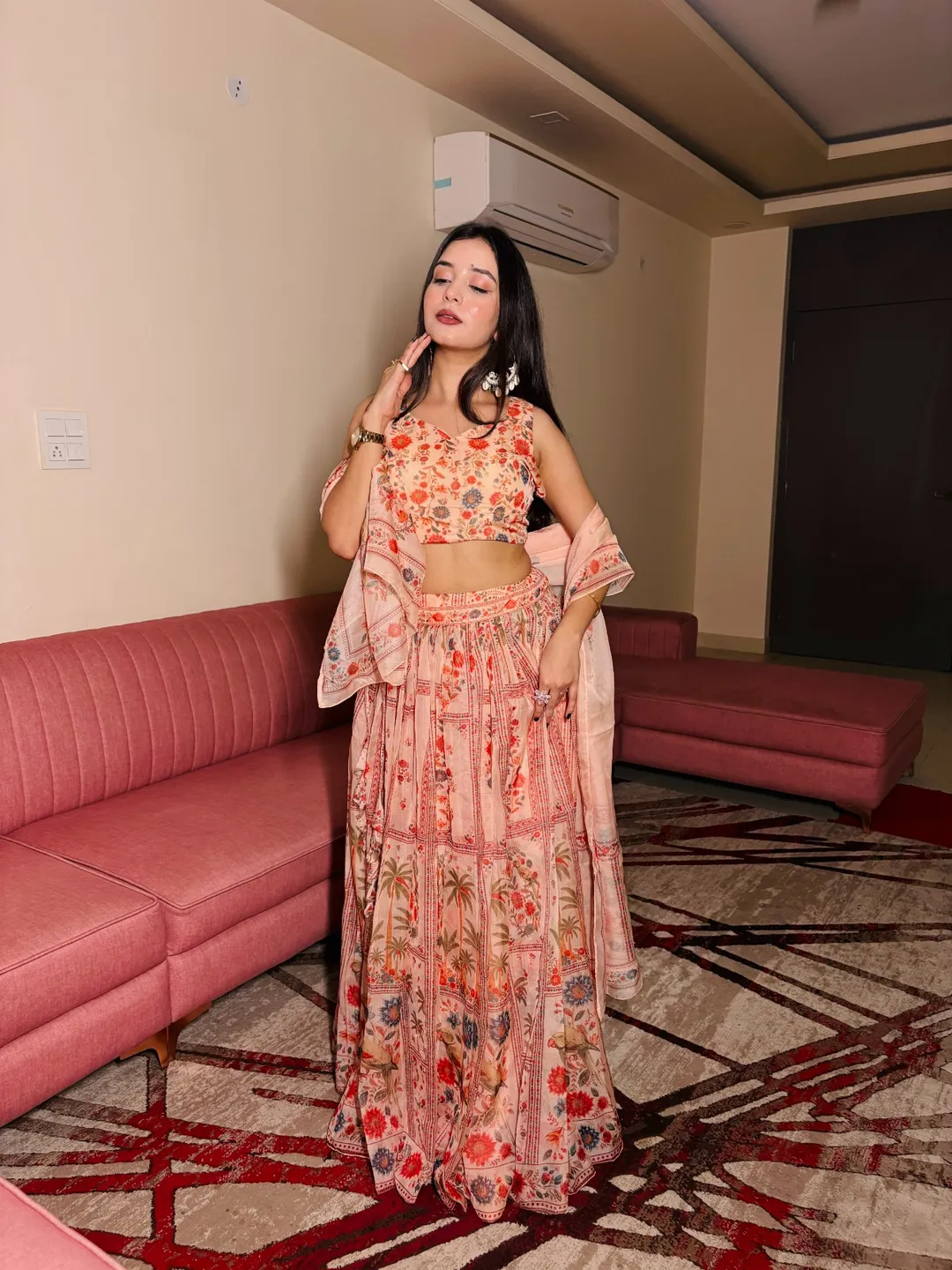 Peach Floral Organza Lehenga Set with Printed Dupatta