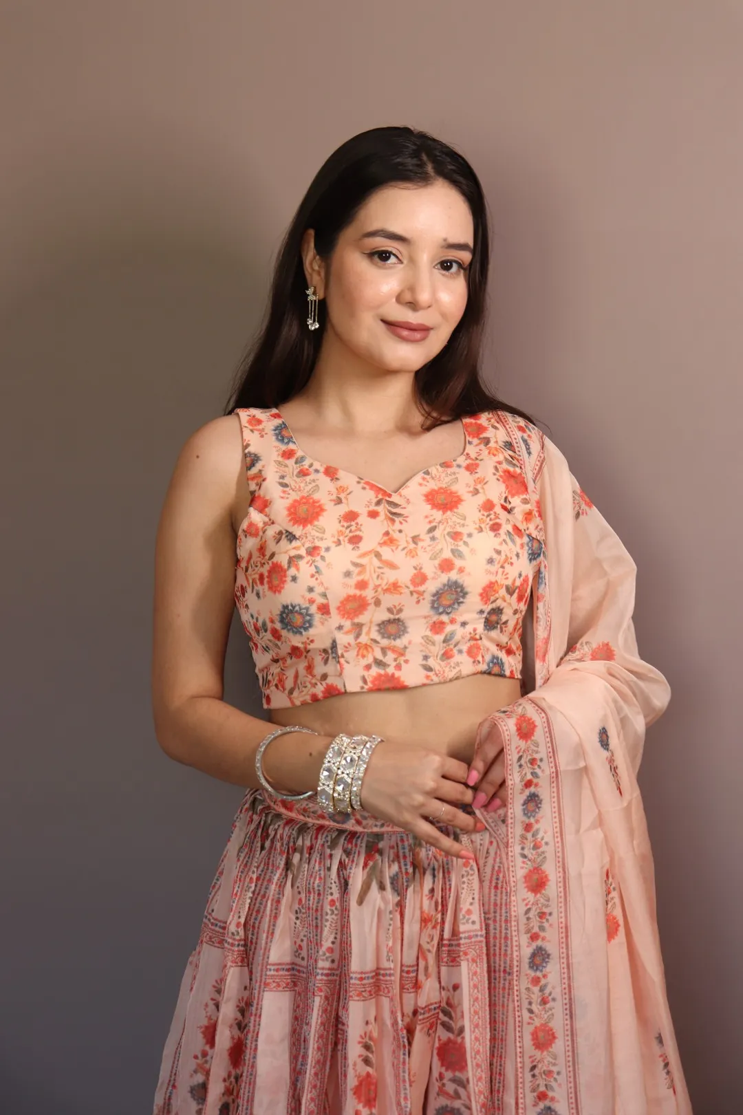 Peach Floral Organza Lehenga Set with Printed Dupatta