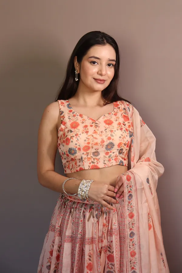 Peach Floral Organza Lehenga Set with Printed Dupatta