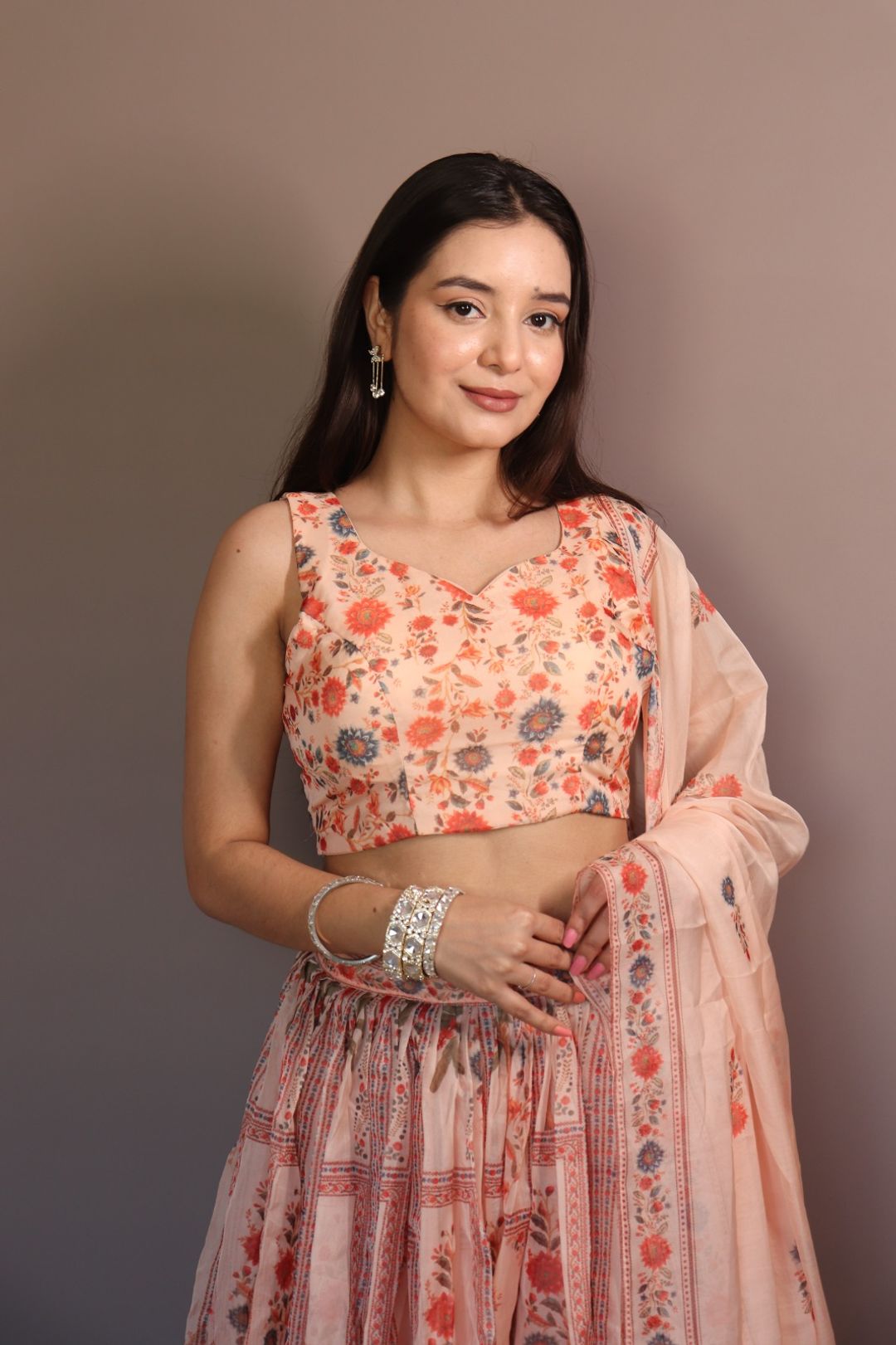 Peach Floral Organza Lehenga Set with Printed Dupatta