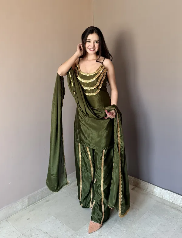 Luxury Olive Green Designer Kurta Palazzo Set with Dupatta