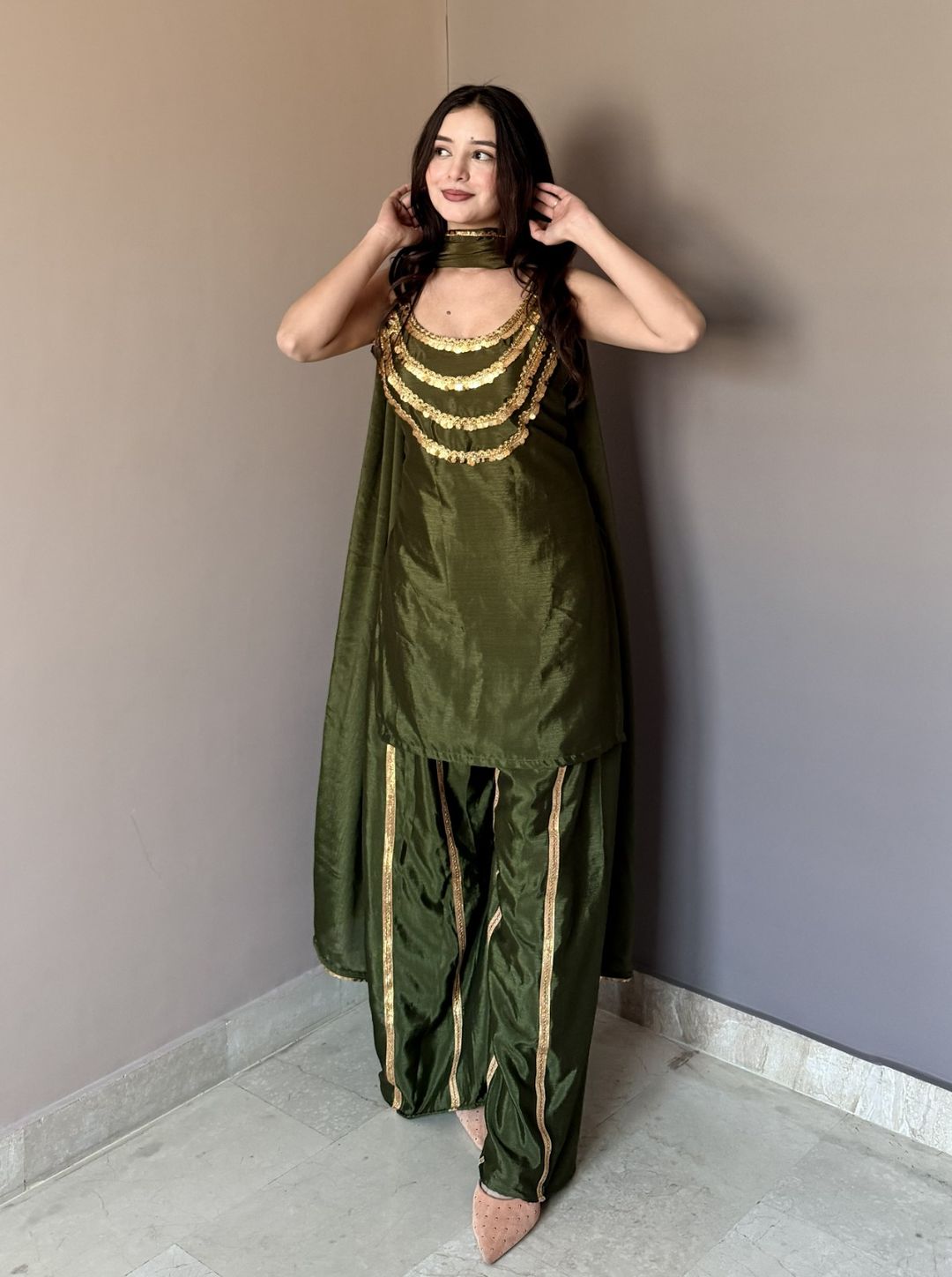 Luxury Olive Green Designer Kurta Palazzo Set with Dupatta