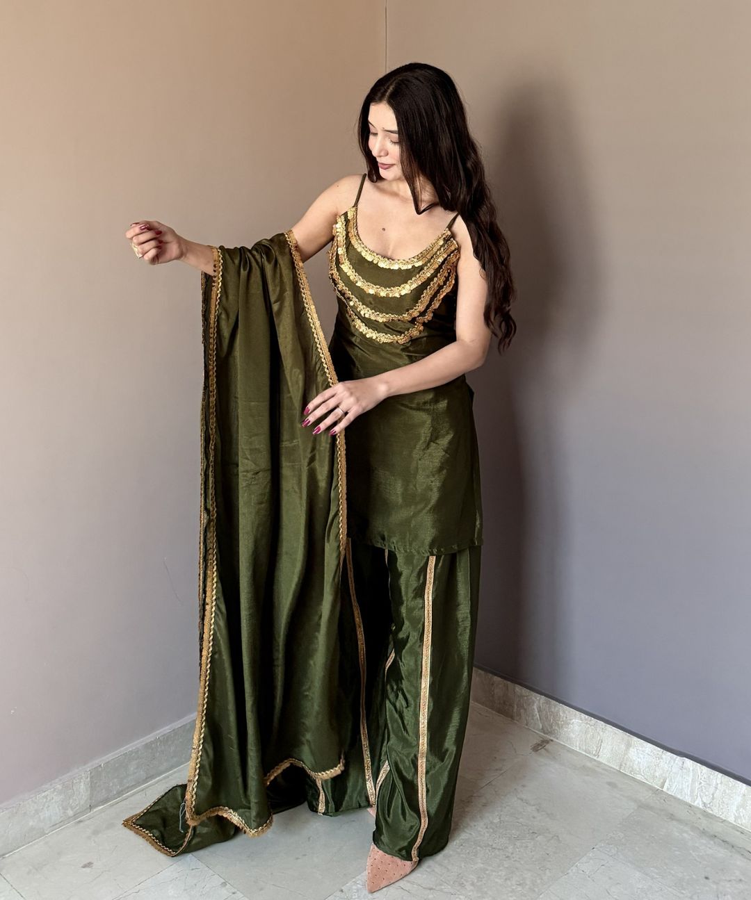 Luxury Olive Green Designer Kurta Palazzo Set with Dupatta