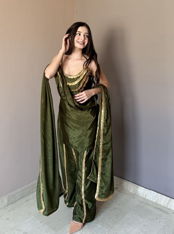 Luxury Olive Green Designer Kurta Palazzo Set with Dupatta