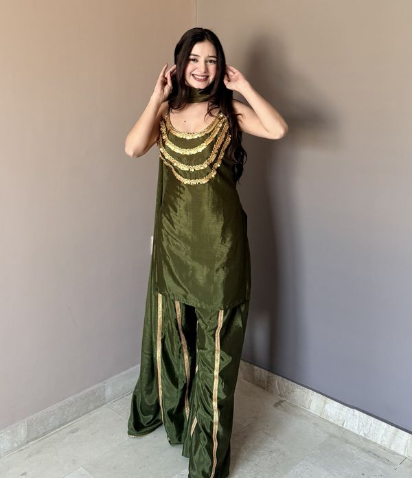 Luxury Olive Green Designer Kurta Palazzo Set with Dupatta