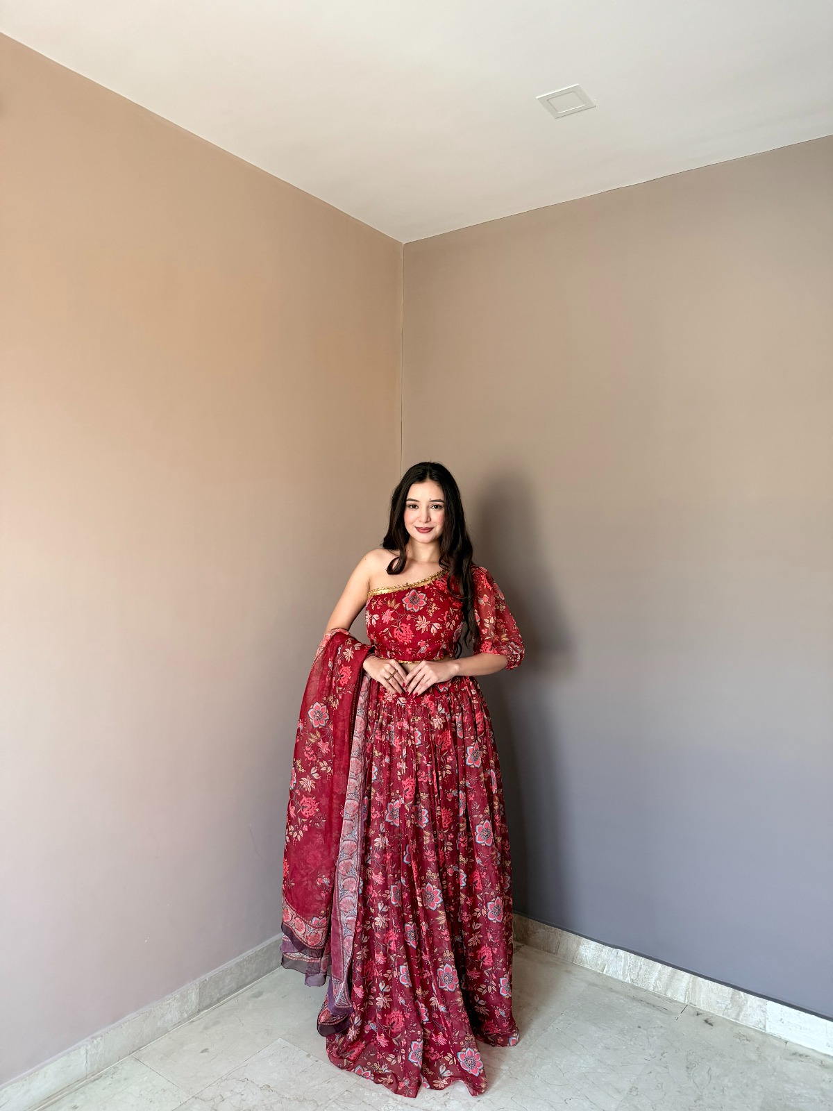 Floral red organza lehenga