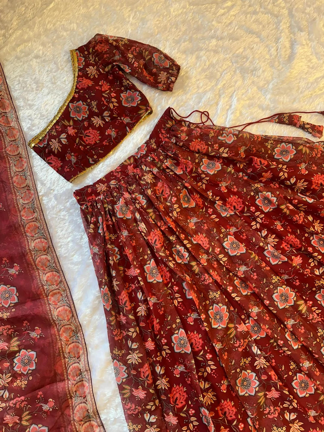 Red Floral Organza Lehenga Set with One Shoulder Blouse