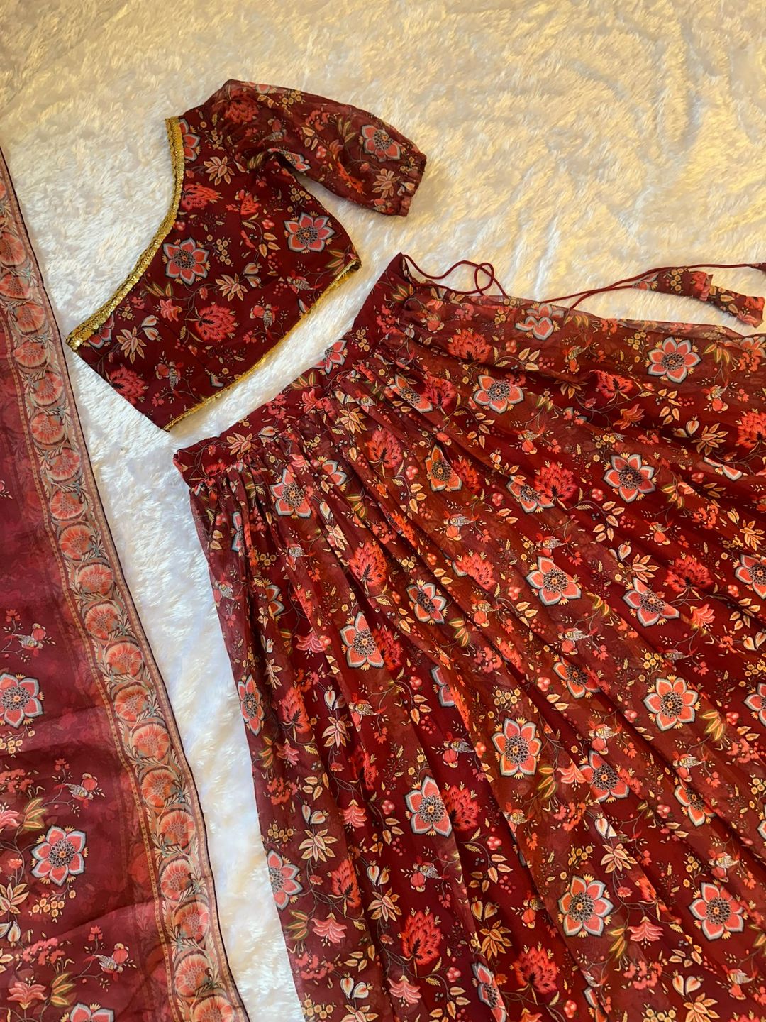 Red Floral Organza Lehenga Set with One Shoulder Blouse