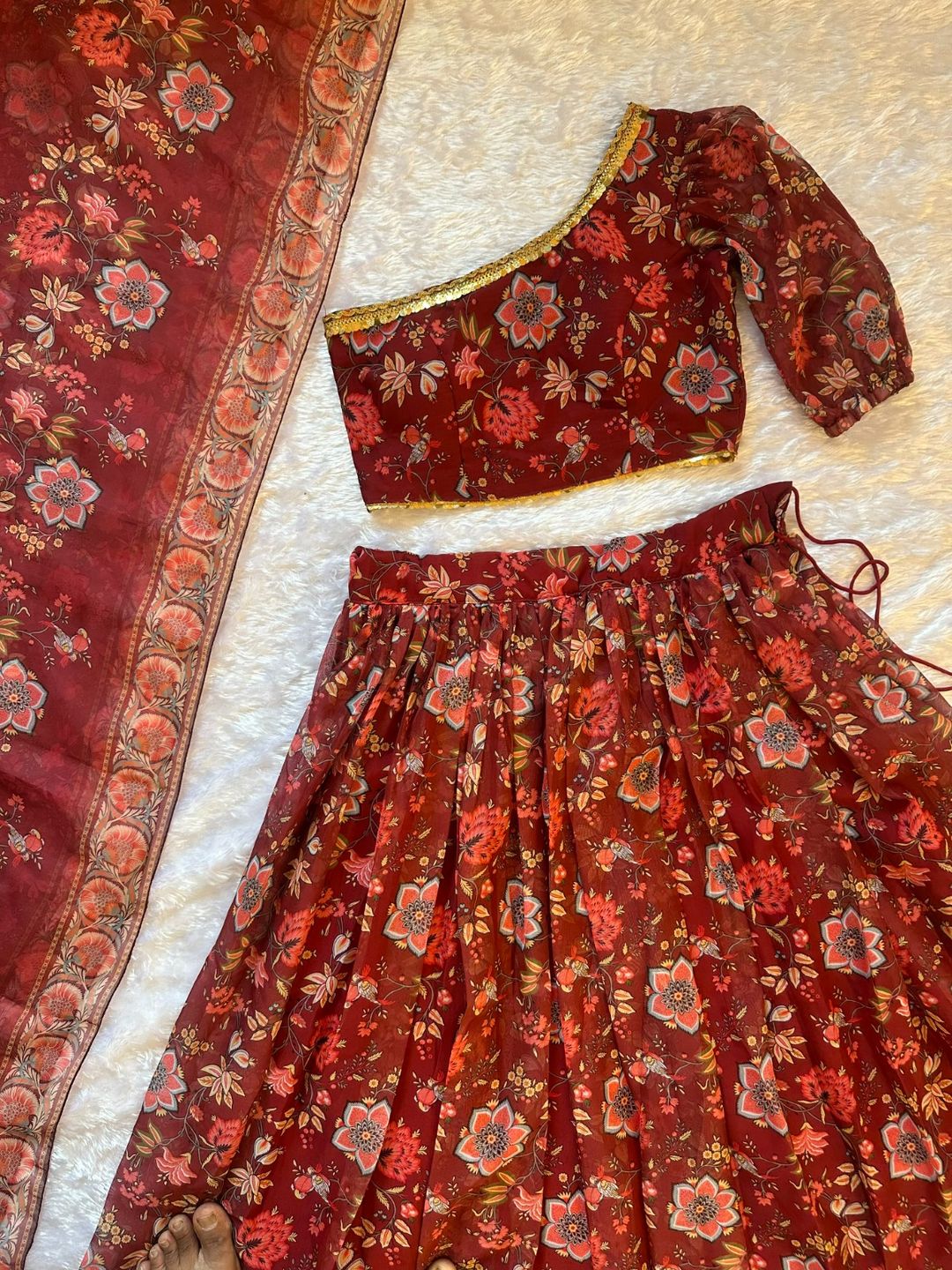 Red Floral Organza Lehenga Set with One Shoulder Blouse