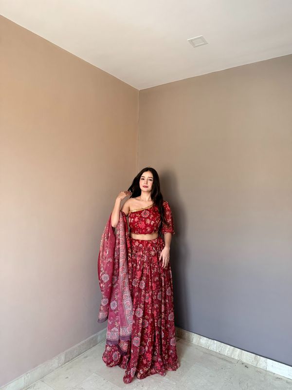 Red Floral Organza Lehenga Set with One Shoulder Blouse