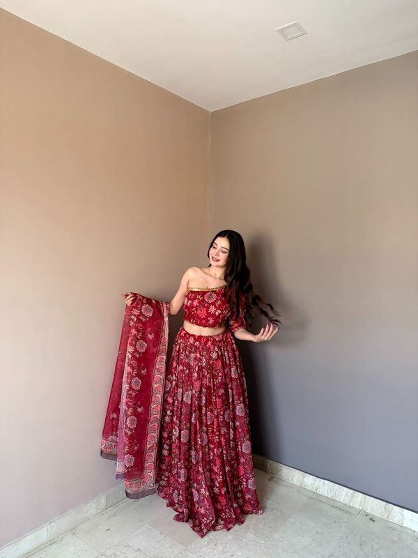 Red Floral Organza Lehenga Set with One Shoulder Blouse