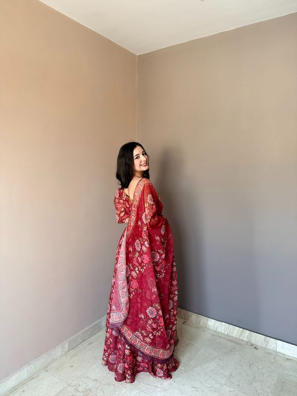 Red Floral Organza Lehenga Set with One Shoulder Blouse