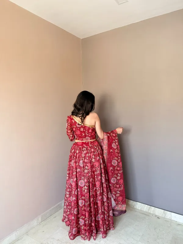 Red Floral Organza Lehenga Set with One Shoulder Blouse