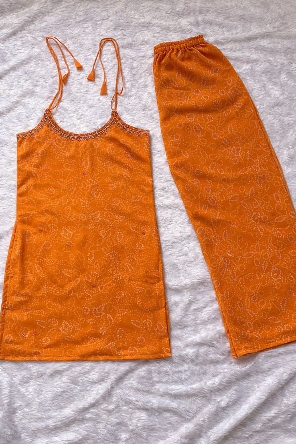 Orange Georgette Kurti Set with Mirror Work Detailing
