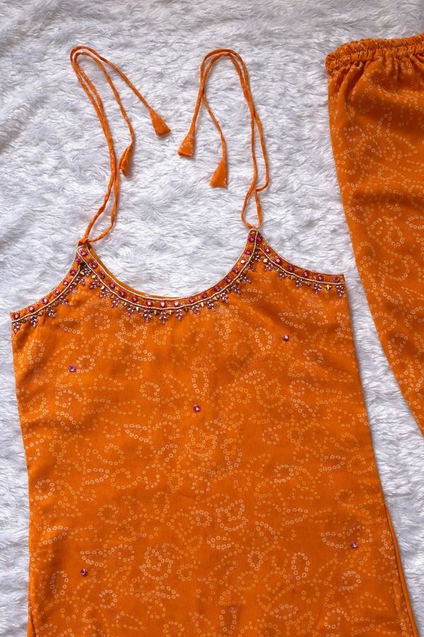 Orange Georgette Kurti Set with Mirror Work Detailing