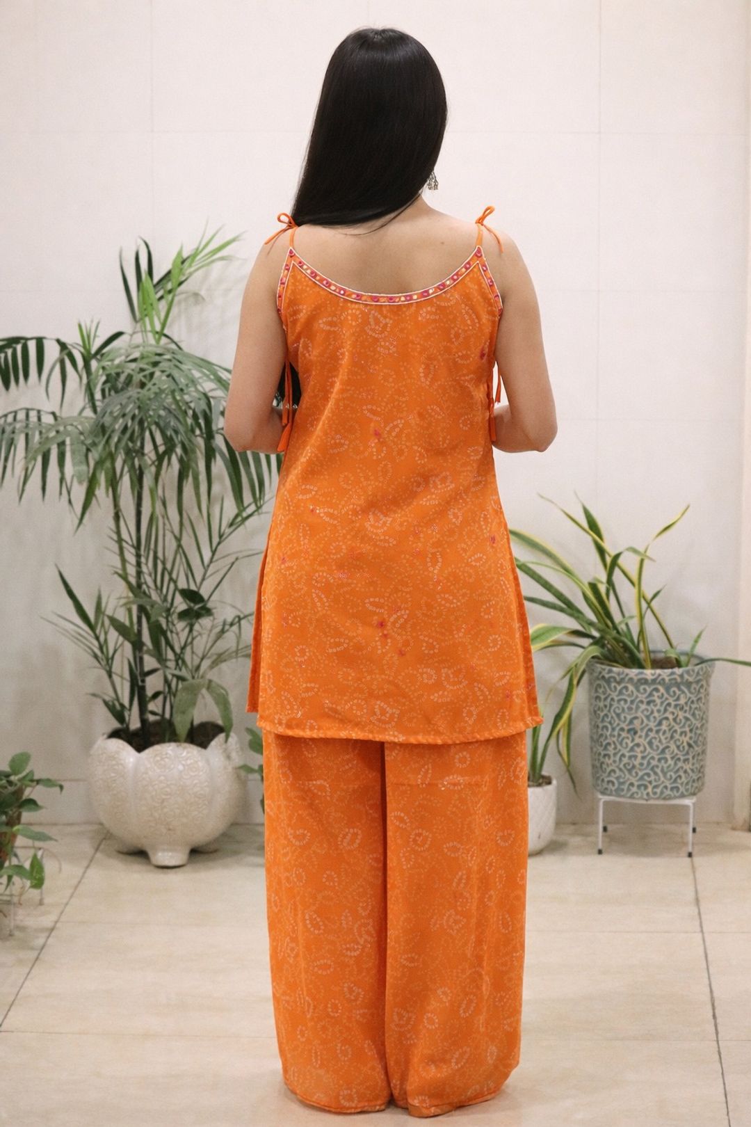 Orange Georgette Kurti Set with Mirror Work Detailing