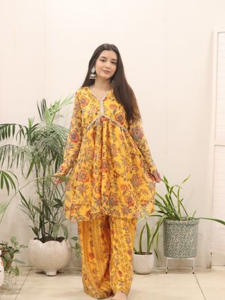 Sunshine Mustard Floral Organza Kurti Palazzo Set