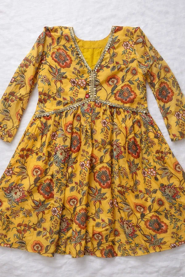 Sunshine Mustard Floral Organza Kurti Palazzo Set